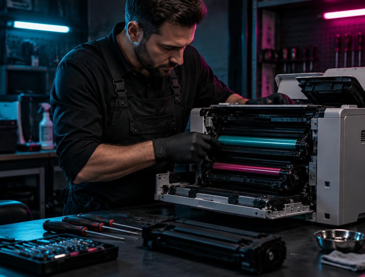 Technicien FAMIB réparant une imprimante laser ouverte en atelier